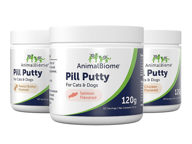 Jar Lineup of AnimalBiome's Pill Putty Collection (Salmon, Chicken, Peanut Butter Flavors)