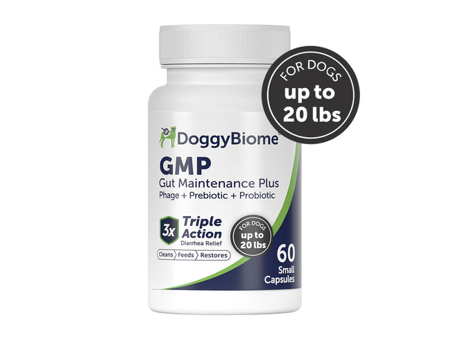 DoggyBiome GMP Small Capsules Bottle with badge: for dogs up to 20 lbs
