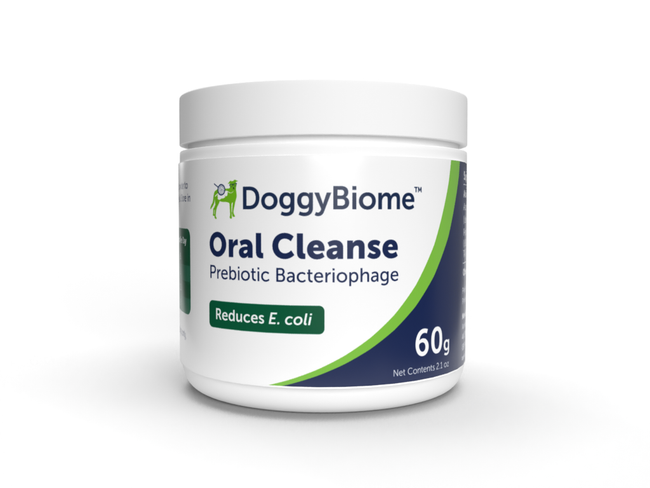 front side of DoggyBiome Oral Cleanse 60g jar and label 