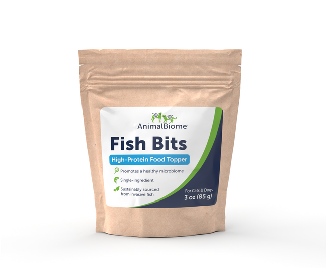 Packaging of AnimalBiome's Fish Bits. A 3oz kraft resealable bag with a label on top.