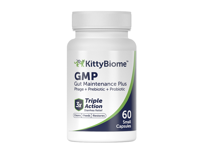 Front view of a bottle of KittyBiome GMP on a white background